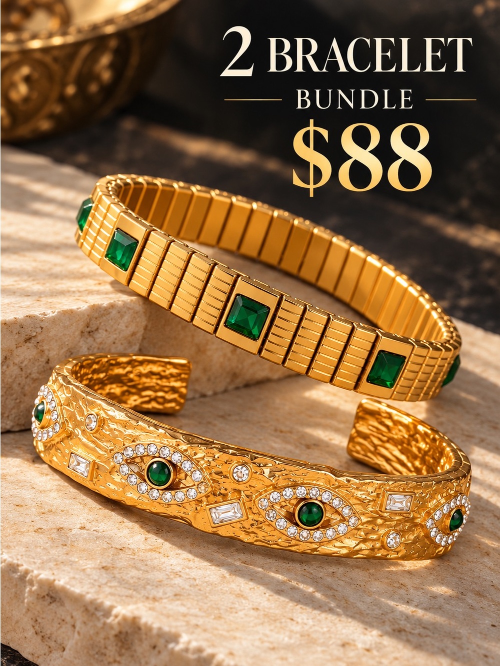 Gold-Tone Bracelet Set with Green Gem Accents